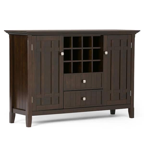Simpli Home Bedford Solid Wood 54 in. Wide Transitional Sideboard Buffet Credenza and Wine Rack in Dark Tobacco Brown