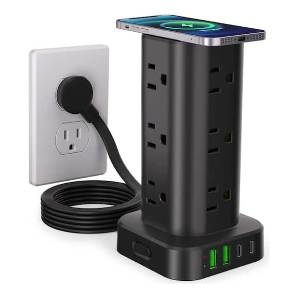 16-Outlet Tower Power Strip Surge Protector 15-Watt Wireless Charger with 6' Flat Plug Extension Cord 4 USB Ports White