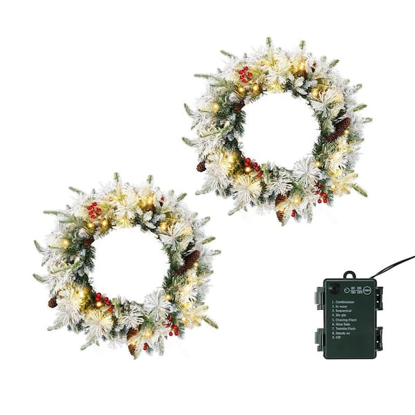 2 PCS 18in Pre-lit Snow Flocked PVC PE Artificial Christmas Wreath with Warm Lights and Red Berries Pine Cones