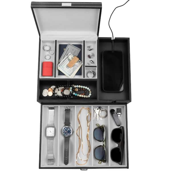 Unbranded Men's Leather Watch Box Valet Tray, Bedside Organizer with Charging Station, Grey, 13.75 in. x 10 in. x 4.4 in.