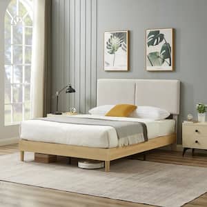 Upholstered Bed Frame with Linen Fabric Headboard, Strong Wood Slats Supports Platform Bed, Full Size Bed, Beige