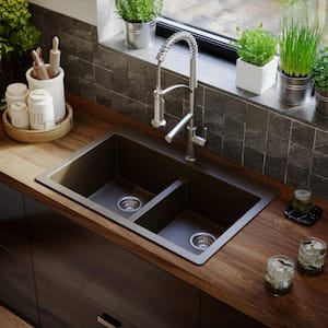 Brown Quartz/Granite 33 in. 50/50 Double Bowl Composite Drop-in Kitchen Sink