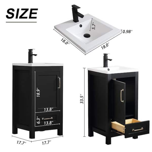 18 in. W x 18 in. D x 34 in. H Single Sink Bath Vanity in Black with White Ceramic Top and Drain Faucet Set