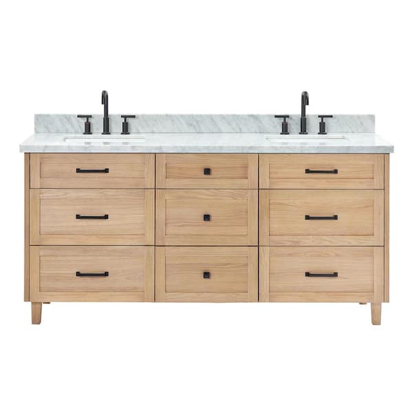 Monroe 73 in. W x 22 in. D x 36 in. H Double Sink Bath Vanity in Oak with Italian Carrara Marble Top