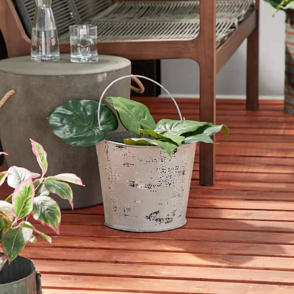Litton Lane 11.5 in. x 10 in. Farmhouse Style Distressed White Metal Bucket Planter with Handle