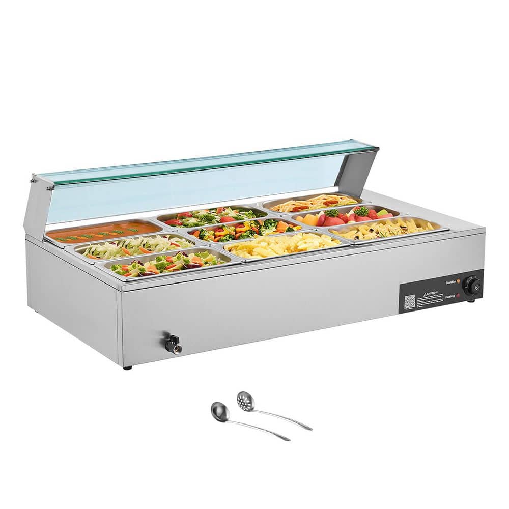 Commercial Food Warmer, 1500W Electric Stainless Steel Steam Unit with Glass Lid, 9-Pan Countertop Buffet Bain Marie