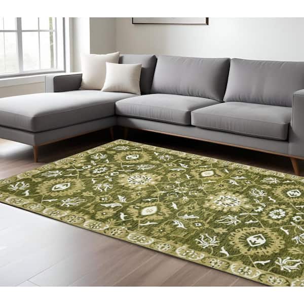 8 ft. x 10 ft. Green Ivory and Brown Wool Floral Medallion Hand Hooked Area Rug