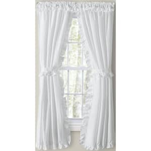 Classic Narrow Ruffled White Polyester/Cotton 80 in. W x 84 in. L Rod Pocket Sheer Priscilla Pair Curtains with Ties