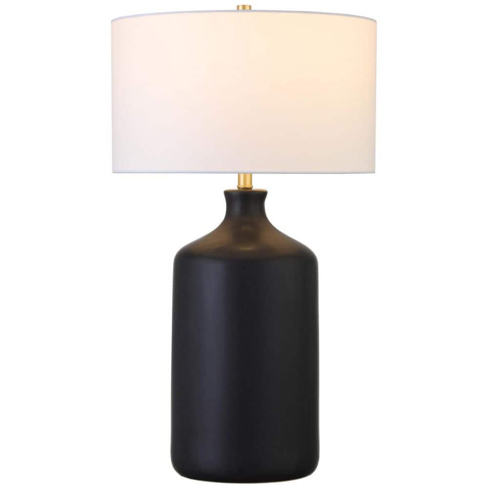 Matte Black Ceramic Nightstand Lamp with White Drum Shade