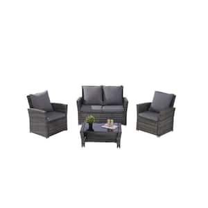 4-Pieces Wicker Outdoor Patio Dark Gray PE Conversation Set with Tempered Glass Coffee Table and Dark Gray Cushions
