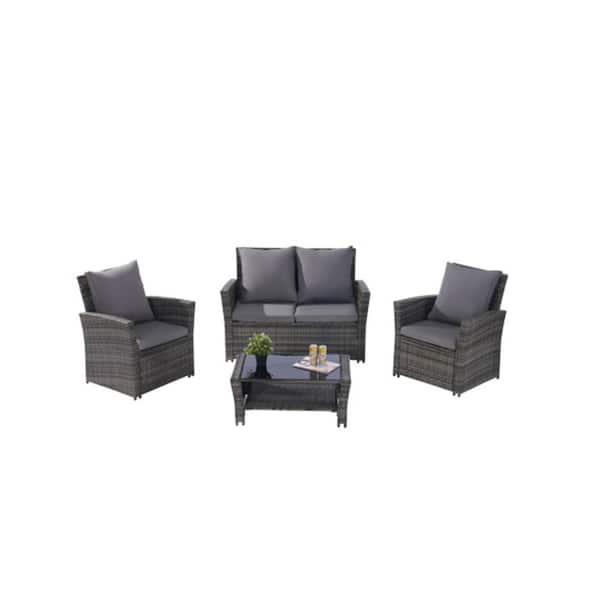 ITOPFOX 4-Pieces Wicker Outdoor Patio Dark Gray PE Conversation Set with Tempered Glass Coffee Table and Dark Gray Cushions