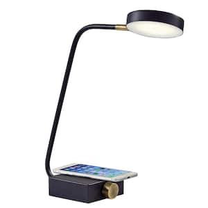 Conrad 19 in. Matte Black w. Antique Brass Accents LED Desk Lamp with Qi Wireless Charging