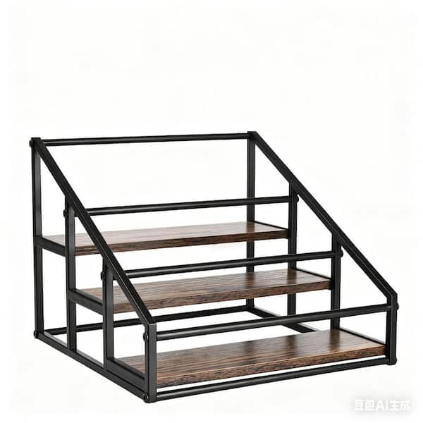 3-Tier 12 Bottles Holder Black and Coffee Neutral Metal and Wood Kitchen Organizer Rack for Spice and Bottle Storage