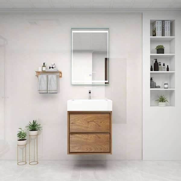 Saggie 24 in. W x 20 in. D x 28 in. H Single Sink Floating Bath Vanity in Teak Oak with White Acrylic Top