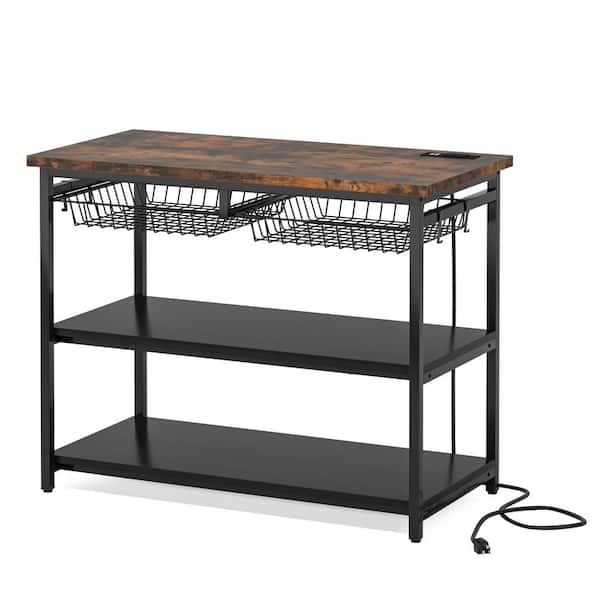 BYBLIGHT Bryauna Rustic Brown Kitchen Island, 3 Tier Island Table with Power Outlets and Wire Baskets, Microwave Oven Stand