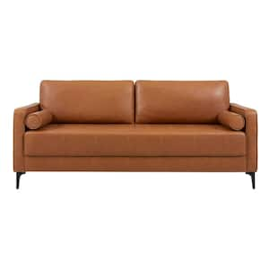 Goodwin 75.6 in. Square Arm Faux Leather Mid-Century Modern Sofa with Bolster Pillows in Caramel Brown