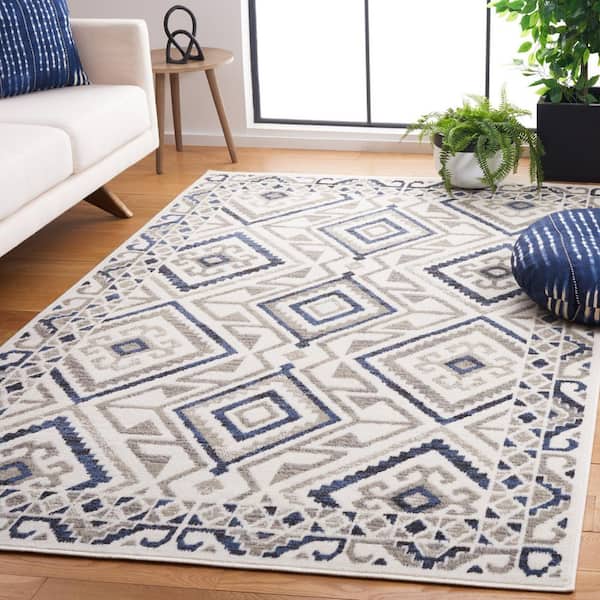 Pyramid 7 ft. x 7 ft. Ivory/Gray Navy Diamond Geometric Border Square Area Rug