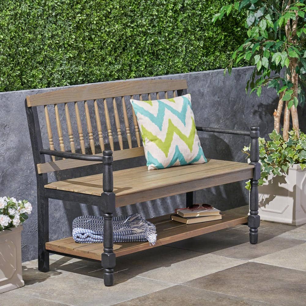 Zeus & Ruta 51 in. 2-Person Wood Outdoor Bench with Built-in Shelf ...