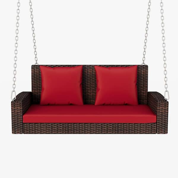 ITOPFOX 2-Person Brown Wicker Hanging Porch Swing with Chains, Red Cushion, Pillow for Garden, Backyard, Pond