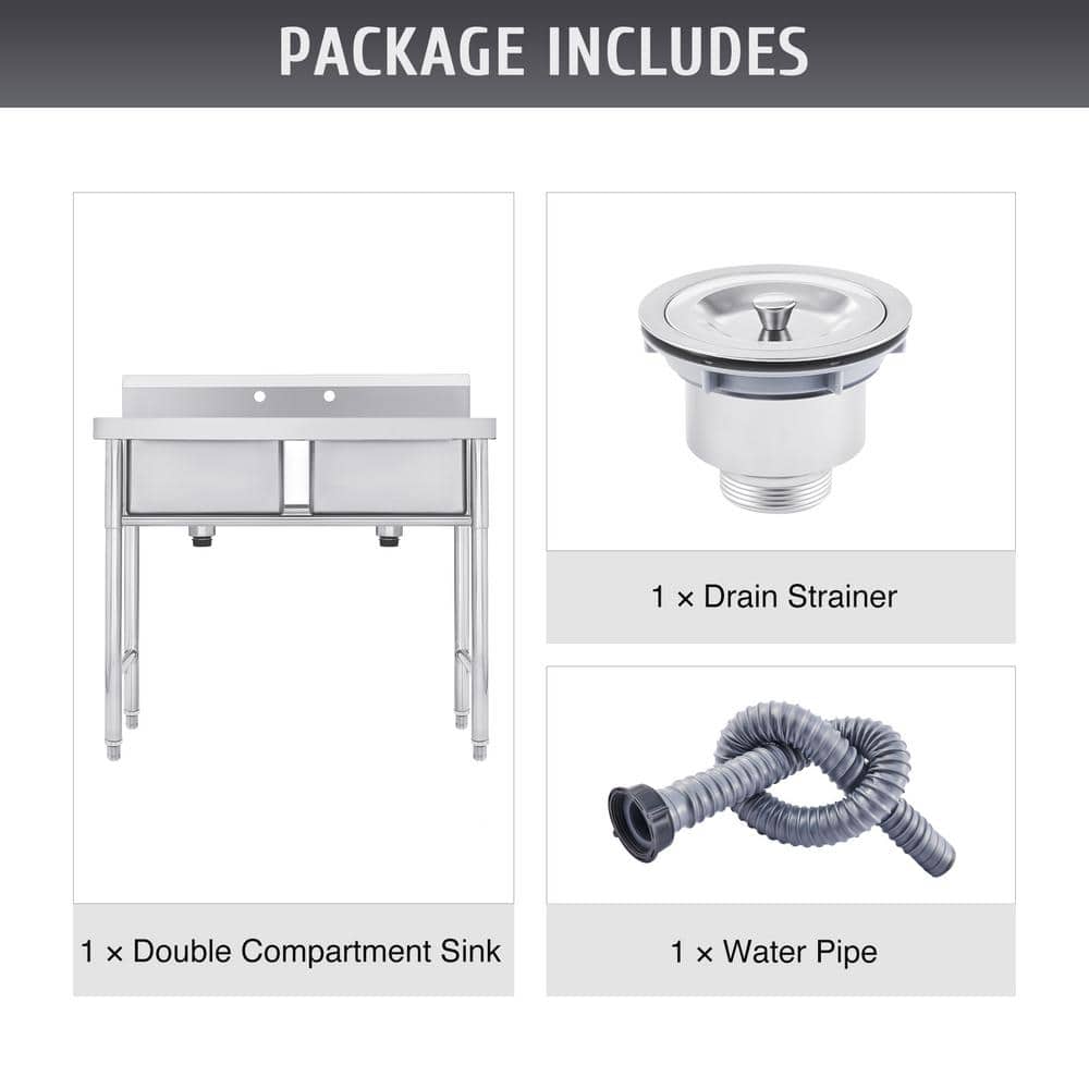 39.4" Stainless Steel Freestanding Double Basin Utility Sink
