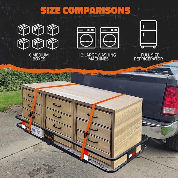 500lb Capacity Rustproof Hitch Mount Cargo Carrier 70inx30inx 6in Foldable Extra Strong Arm & Increased Ground Clearance