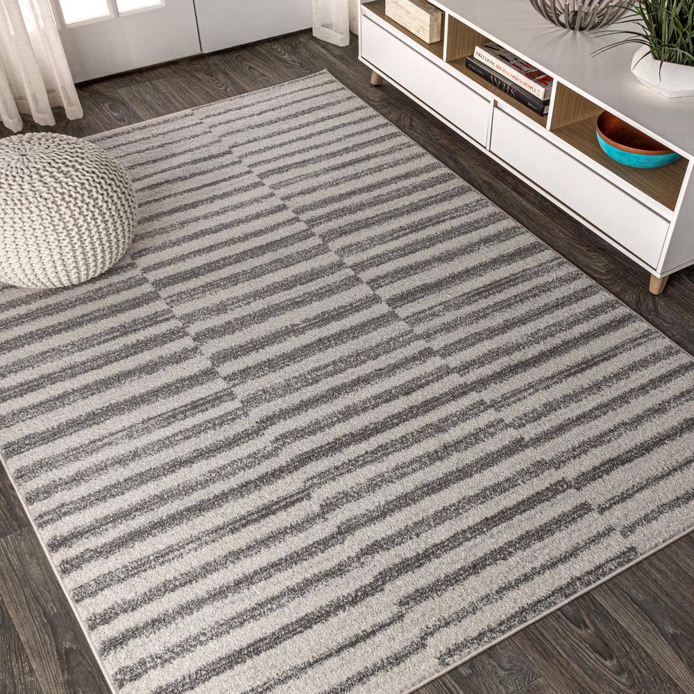 Modern Stripe Gray and Ivory Synthetic 3' x 5' Area Rug