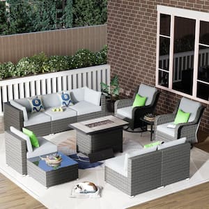 Iris Gray 11-Piece Wicker Outerdoor Patio Rectangular Fire Pit Set with Gray Cushions and Swivel Rocking Chairs