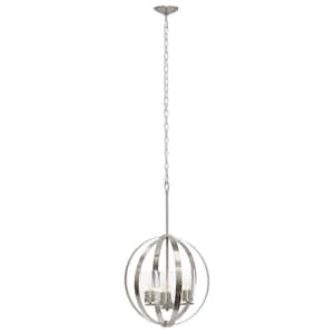 18 in. 3-Light Brushed Nickel Modern Orb Adjustable Metal and Clear Glass Hanging Ceiling Pendant Light