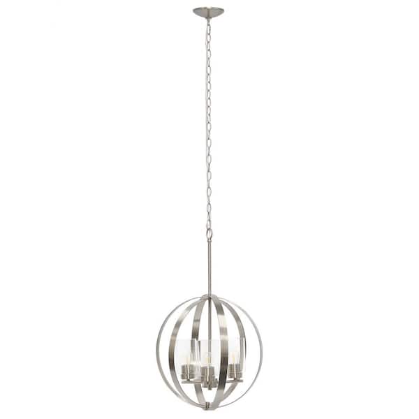 Elegant Designs 18 in. 3-Light Brushed Nickel Modern Orb Adjustable Metal and Clear Glass Hanging Ceiling Pendant Light