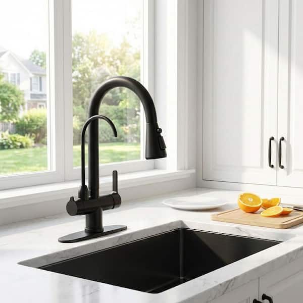 16.7 in. H Pull Down Sprayer Kitchen Faucet with Drinking Water Faucet and 360° Swivel Spout in Matte Black