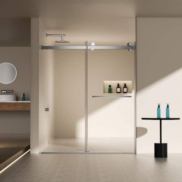 Boosicavelly Double Sliding Frameless Shower Door in Brushed Nickel Finish with Clear Glass 60 in. W x 76 in. H