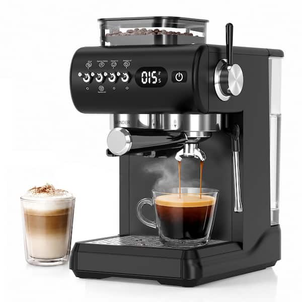 2-Cup Black Stainless Steel Semi-Automatic Espresso Machine with Built-In Grinder, 20-Bar Extraction, NTC Temp Control