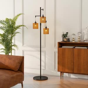 65 in. Light Brown Farmhouse Standing Tree Floor Lamps with Rattan Shades