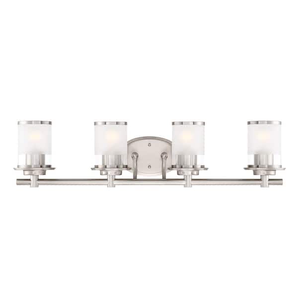 Designers Fountain Essence 32.1 in. 4-Light Satin Platinum Transitional Vanity with Frosted and Clear Edge Glass Shades