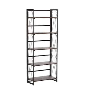 5-Shelf Bookcase, No-Assembly Folding-Bookshelf, Industrial Standing Racks Study Organizer with Metal Frame, Brown 2