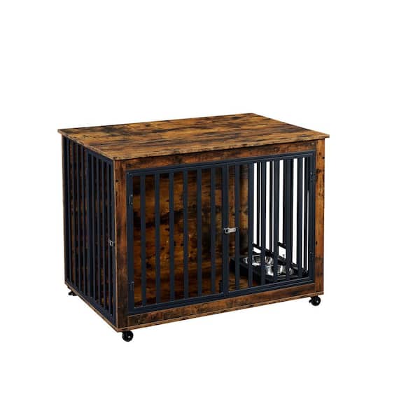 Miscool Anky Furniture Style Dog Crate Side Table With Feeding Bowl, Wheels, Three Doors, Flip-Up Top Opening in Rustic Brown