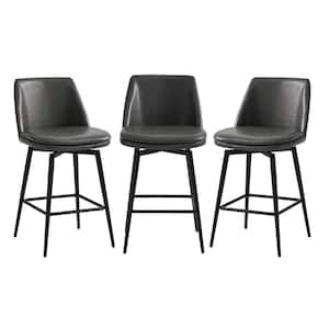 27 in. Cecily Gray High Back Metal Swivel Counter Stool with Faux Leather Seat (Set of 3)