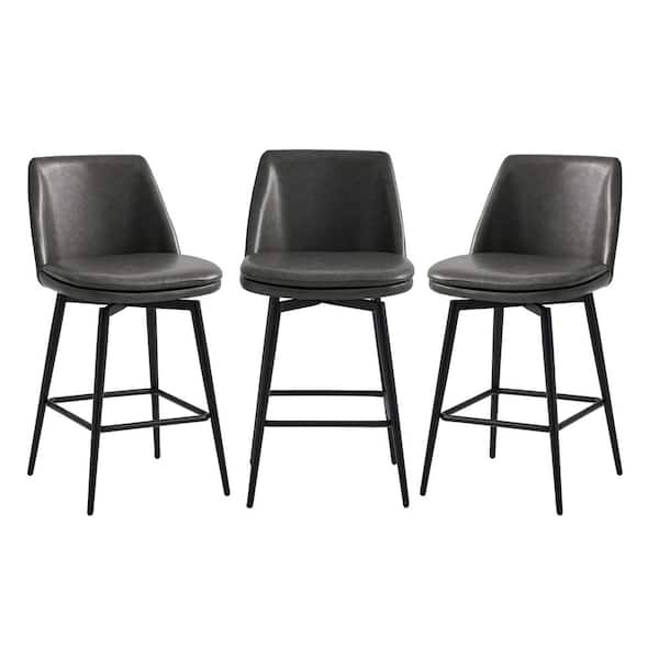 Spruce & Spring 27 in. Cecily Gray High Back Metal Swivel Counter Stool with Faux Leather Seat (Set of 3)
