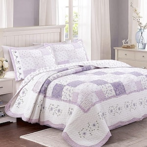 Love of Lilac 3-Piece Lavender Floral Orchid Square Patchwork Ruffle Purple Cotton King Quilt Bedding Set