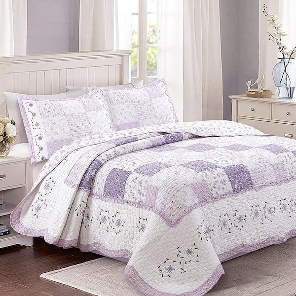 King Floral Bedspread Purple Ivory 3 Pcs Patchwork Quilt Bedding Sheet Set 