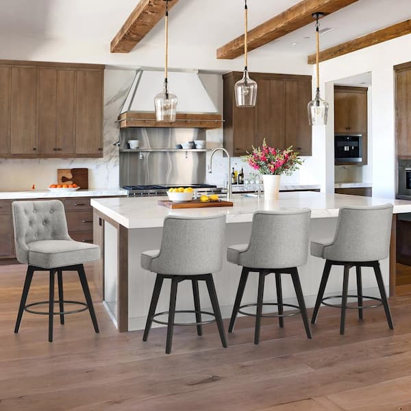 Roman 26.5 in. Gray Fabric Upholstered Solid Wood Leg Counter Height Swivel Bar Stool With Back（Set of 4）