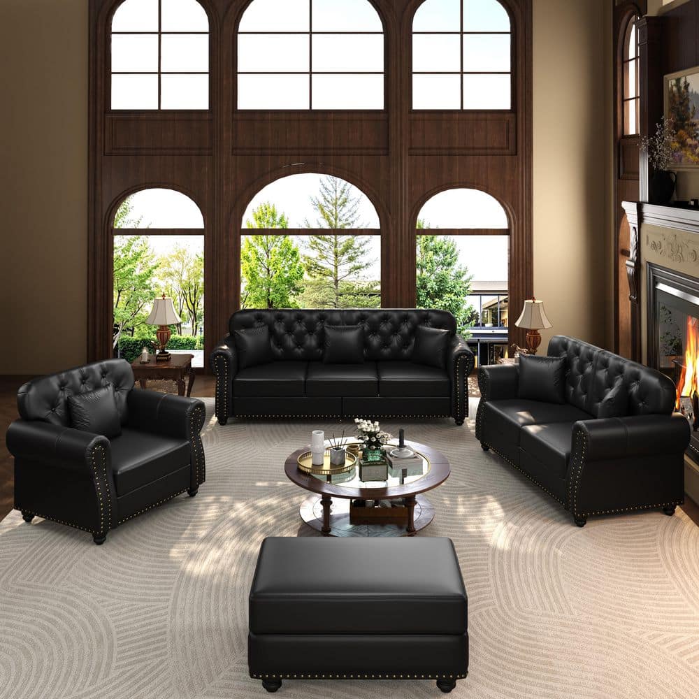 Harrison 82.6 in. Rolled Arm Faux Leather Sofa, Loveseat and Chair Set with Ottoman in Black