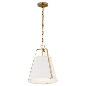 Etcher 13 in. 1-Light White and Champagne Bronze Traditional Shaded Hanging Pendant Light with Metal Shade