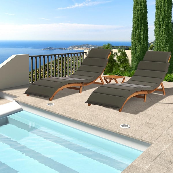 Cesicia 71.6 in. L Wood Outdoor Patio Foldable Chaise Lounge Set with Gray Cushions and Table