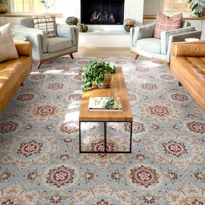 Blue 5 ft. x 7 ft. Flat-Weave Kings Court Victoria Transitional Mosaic Pattern Area Rug
