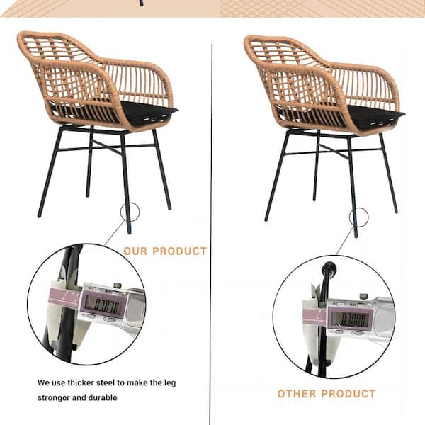 3 Piece Steel Patio Outdoor Bistro Set with Wicker Chairs and Round Table with Black Cushions