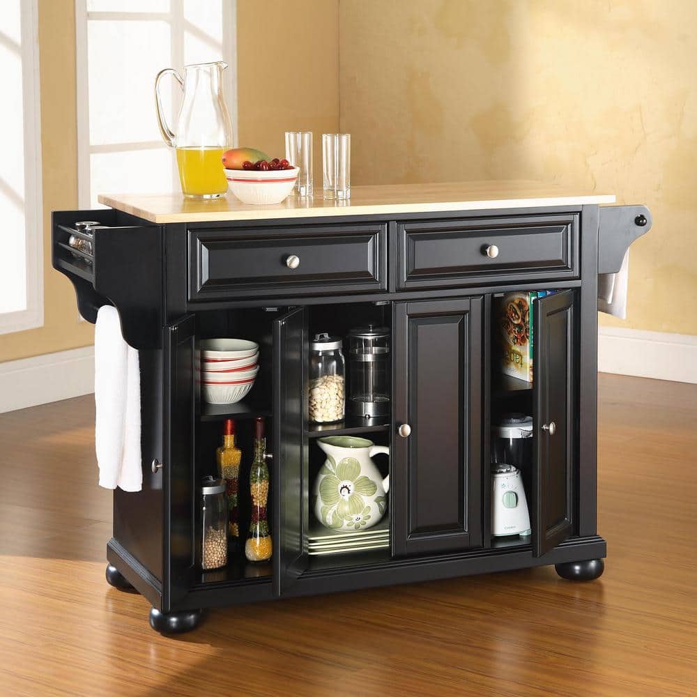 Alexandria Black Solid Hardwood Kitchen Island with Natural Wood Top