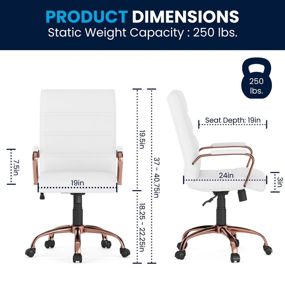 Mid-Back White LeatherSoft Executive Chair with Rose Gold Metal Base