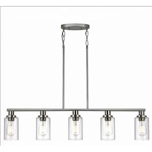 Modern Brushed Nickel Island Chandelier, 5-Light Linear Dining Room Pendant Light with Clear Glass Shades
