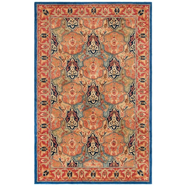 Heritage 4 ft. x 6 ft. Blue/Red Border Ornate Abstract Area Rug